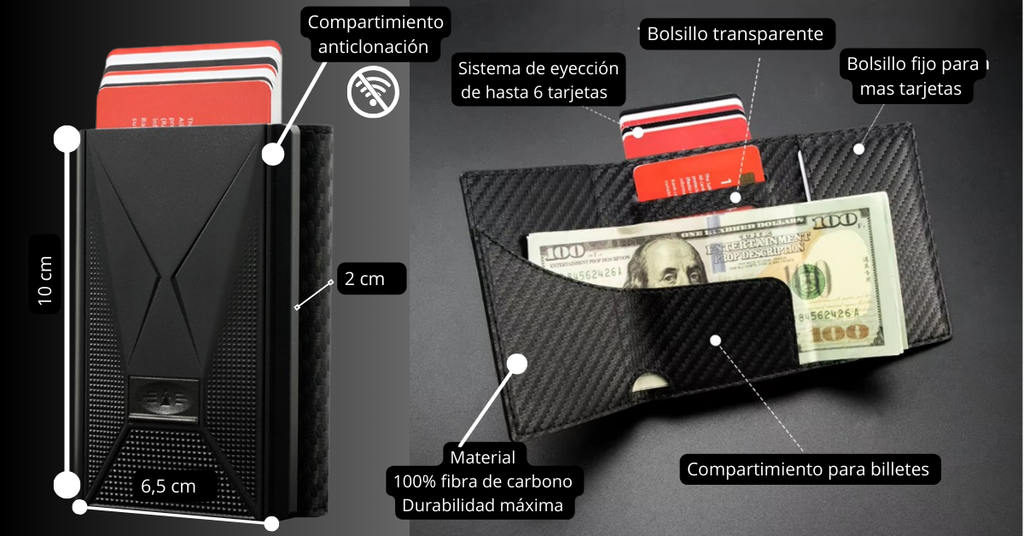 Billetera Tarjetero Fibra de Carbono Genuino Ultra Resistente anticlonación pop up Negro / Serie Carbón