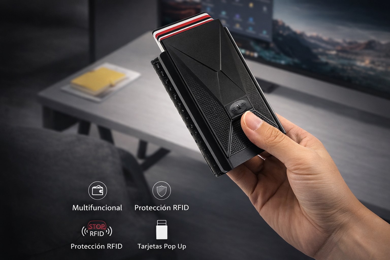 Billetera Tarjetero Fibra de Carbono Genuino anticlonación pop up